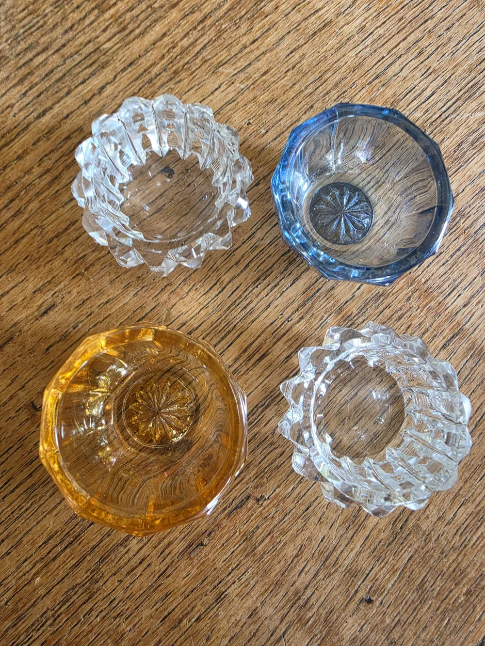 Set of Four Glass Salt Cellars - Clear, Blue, Amber